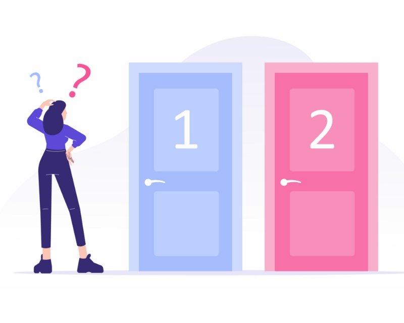 a woman ponders two doors, one blue and one pink