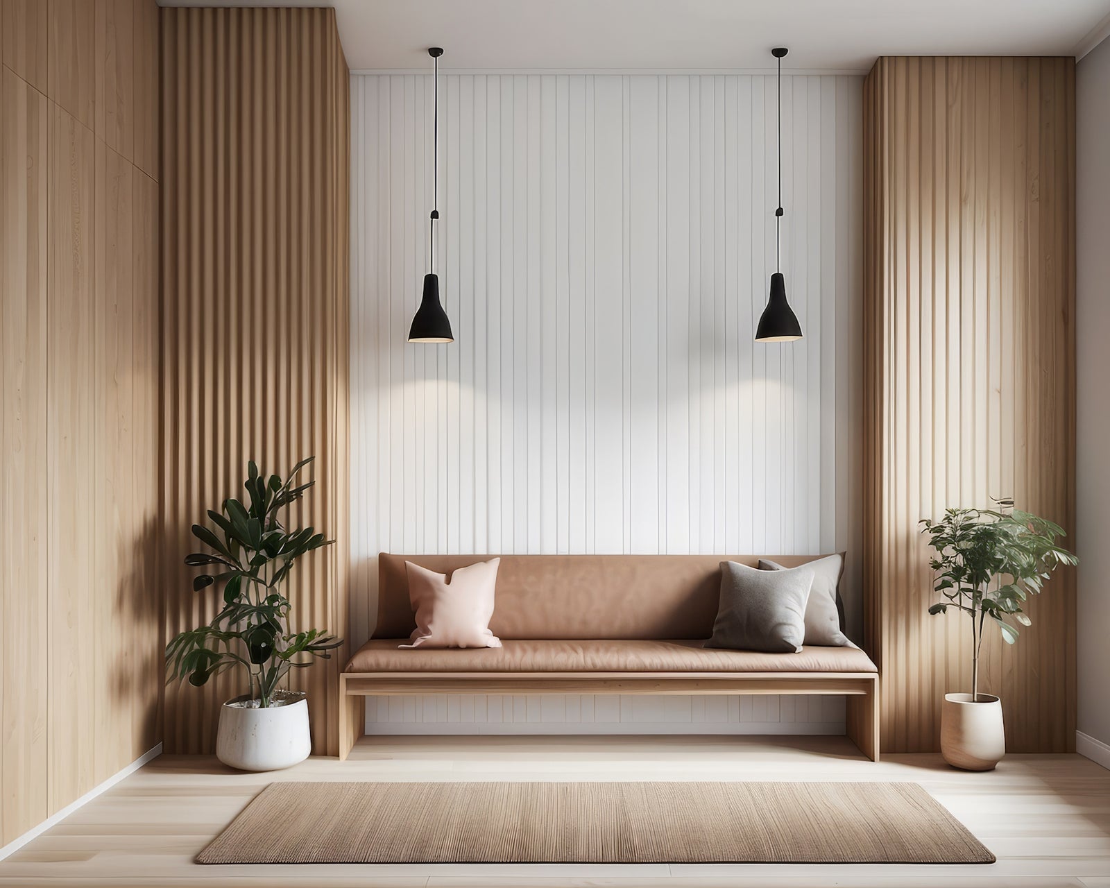 stylish living room with wood wall paneling