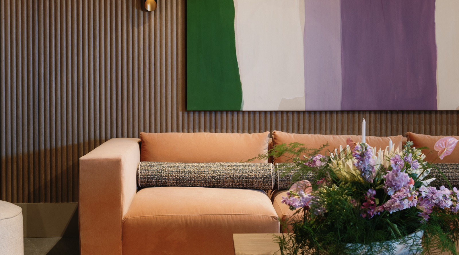 living room with textured wall panels