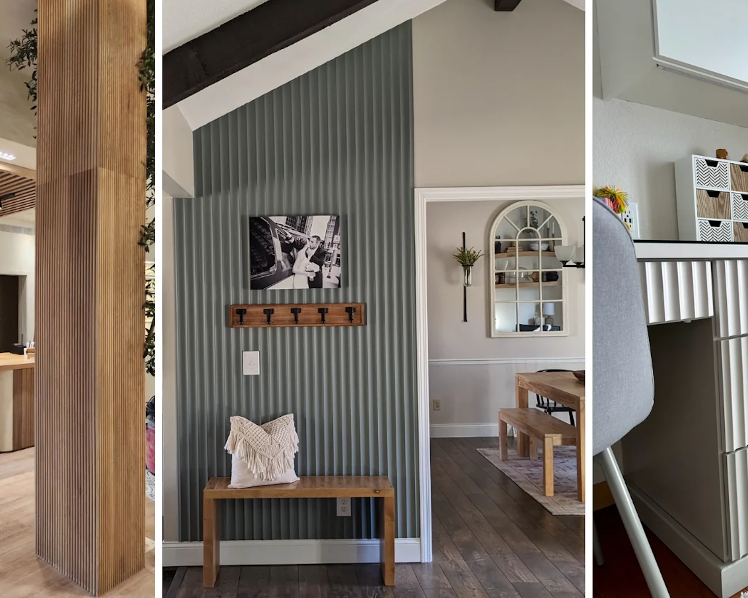 three different rooms pictured with each highlighting different ways to style wood wall panels
