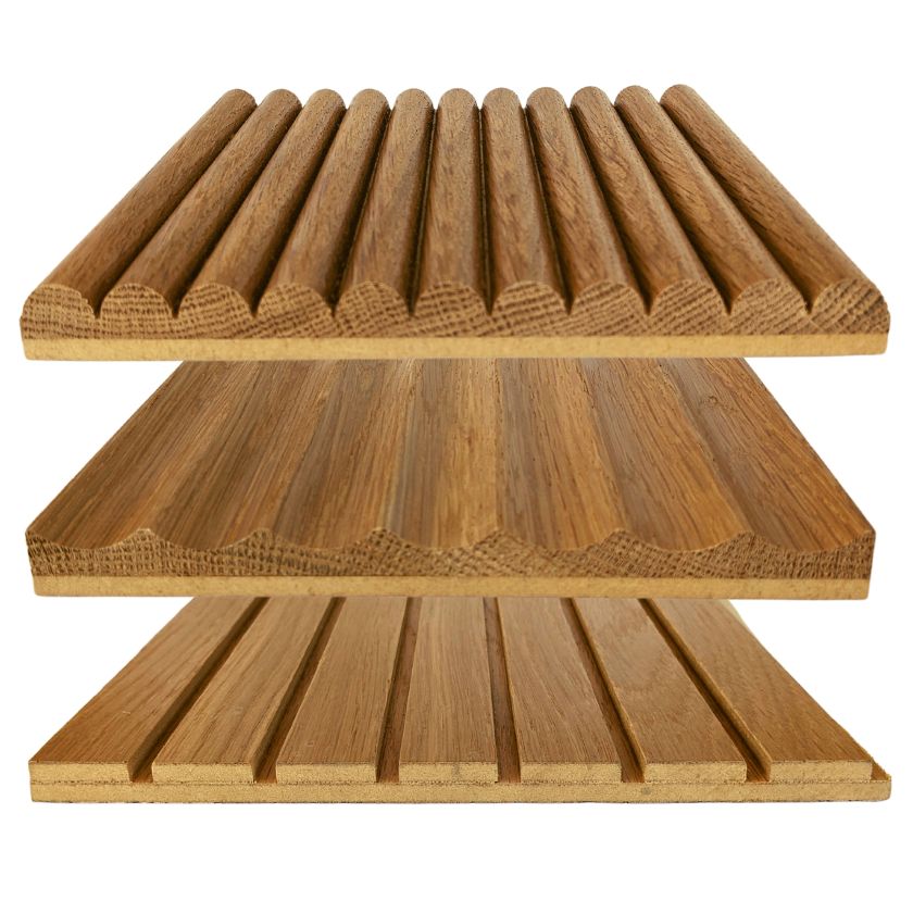 comparison of three door textures, reeded, fluted, and slatted side-by-side